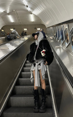 Gray Asymmetric Skirt with Lace Panel and Tie Detail