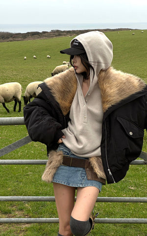 Denim Mini Skirt with Faux-Fur Belt Detail