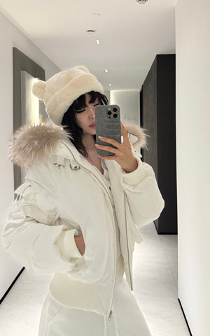 Cropped Puffer Jacket with Detachable Faux Fur Hood