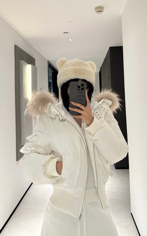 Cropped Puffer Jacket with Detachable Faux Fur Hood
