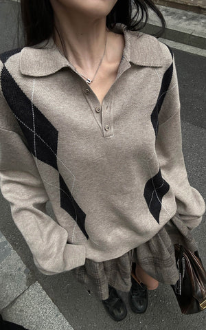 Argyle Knit Polo Sweater