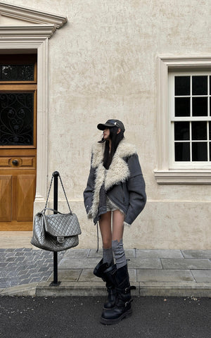 Structured Faux-Shearling Collar Jacket with Asymmetric Wrap Design