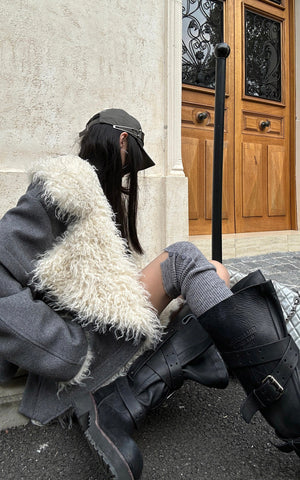 Structured Faux-Shearling Collar Jacket with Asymmetric Wrap Design