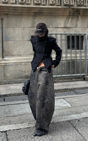 Leopard Print Distressed Wide Leg Denim Pants