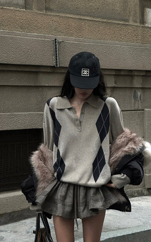 Argyle Knit Polo Sweater