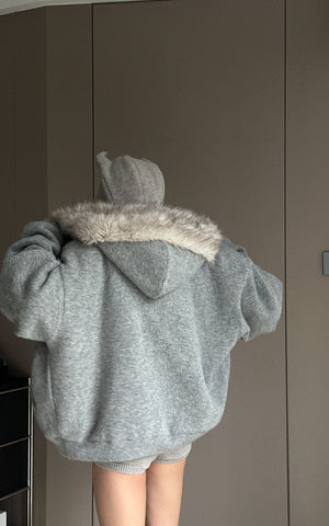 Furry Hood Jacket & Knit Hood Hat Set with Slim Top and Drawstring Shorts