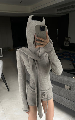 Devil-Horn Knit Hood with Extended Scarf Detail