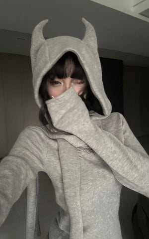 Devil-Horn Knit Hood with Extended Scarf Detail