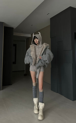 Furry Hood Jacket & Knit Hood Hat Set with Slim Top and Drawstring Shorts