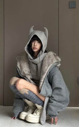 Furry Hood Jacket & Knit Hood Hat Set with Slim Top and Drawstring Shorts