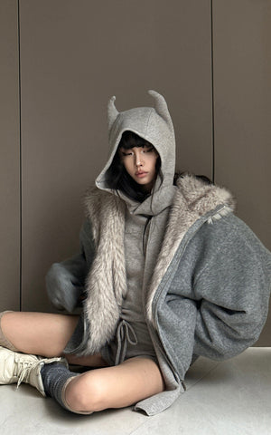Devil-Horn Knit Hood with Extended Scarf Detail