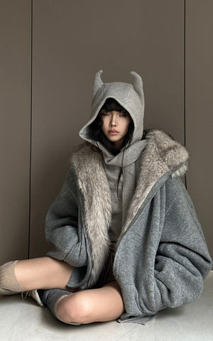 Furry Hood Jacket & Knit Hood Hat Set with Slim Top and Drawstring Shorts