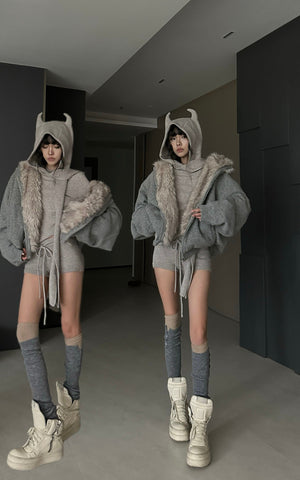 Furry Hood Jacket & Knit Hood Hat Set with Slim Top and Drawstring Shorts