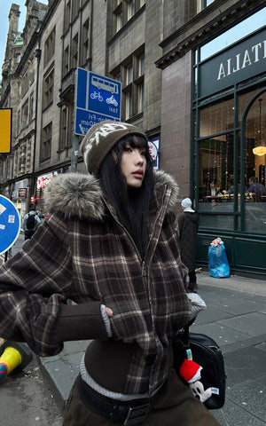 Structured Plaid Down Jacket with Detachable Fur Hood