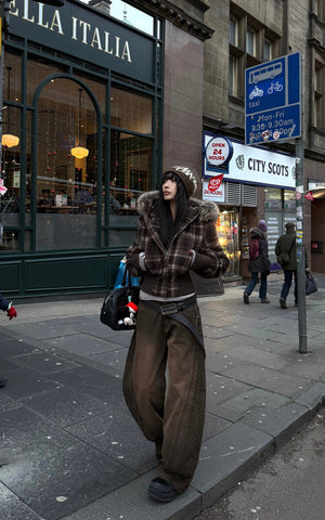 Structured Plaid Down Jacket with Detachable Fur Hood