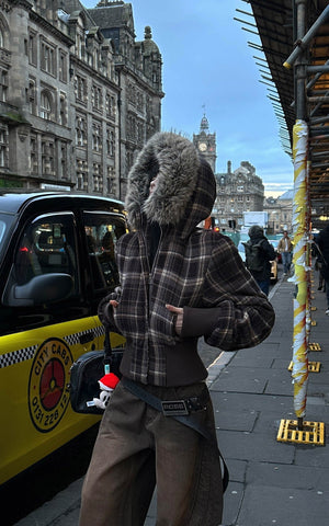 Structured Plaid Down Jacket with Detachable Fur Hood