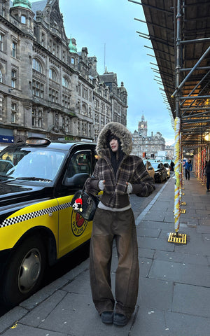 Structured Plaid Down Jacket with Detachable Fur Hood