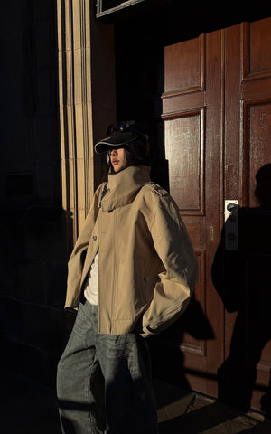 Structured High-Collar Trench Jacket with Asymmetric Closure