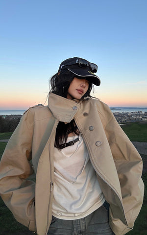 Structured High-Collar Trench Jacket with Asymmetric Closure