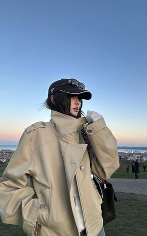 Structured High-Collar Trench Jacket with Asymmetric Closure