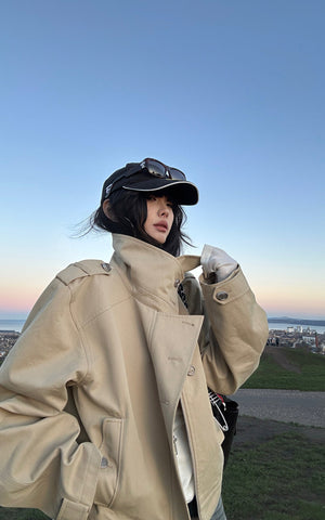 Structured High-Collar Trench Jacket with Asymmetric Closure
