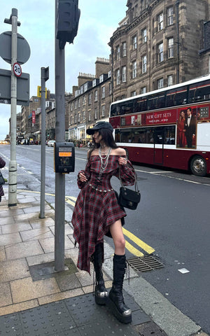 Asymmetric Plaid Off-Shoulder Dress with Draped Panels