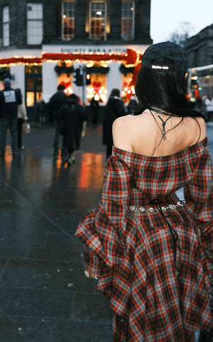 Asymmetric Plaid Off-Shoulder Dress with Draped Panels