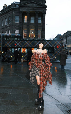 Asymmetric Plaid Off-Shoulder Dress with Draped Panels