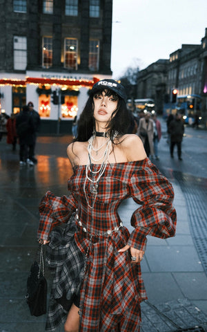 Asymmetric Plaid Off-Shoulder Dress with Draped Panels