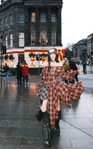 Asymmetric Plaid Off-Shoulder Dress with Draped Panels