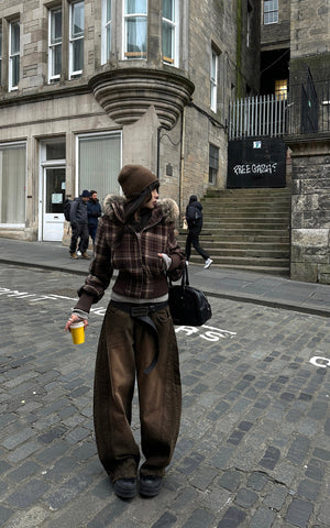 Structured Plaid Down Jacket with Detachable Fur Hood