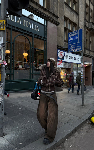 Structured Plaid Down Jacket with Detachable Fur Hood