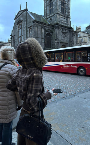 Structured Plaid Down Jacket with Detachable Fur Hood