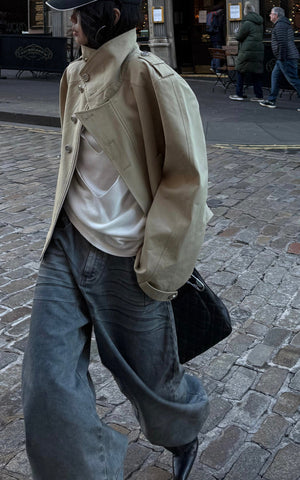 Structured High-Collar Trench Jacket with Asymmetric Closure