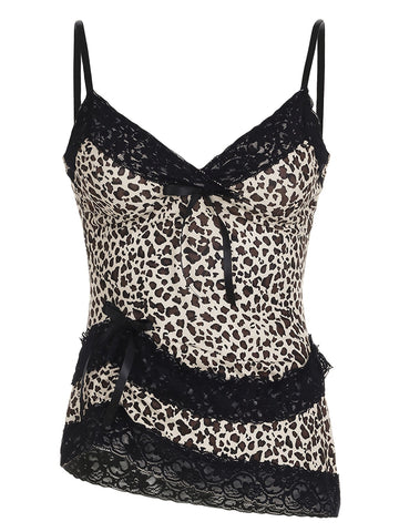 Y2K Leopard Print Cami Top with Lace Trim and Bow Detail, V-Neck, Polyester Blend - Stylish Tank