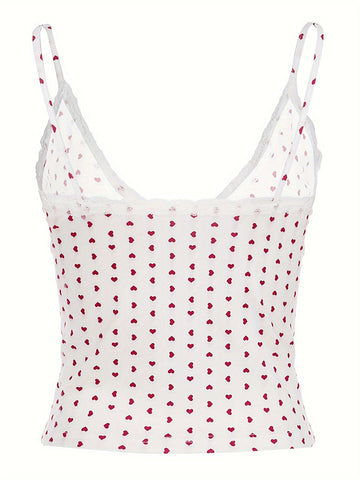 Y2K Aesthetic V-Neck Camisole with Contrast Lace Detail, Geometric Heart Pattern, Knit Fabric Slingback Top, 95% Polyester 5% Elastane, 180g/m² Lightweight Fabric