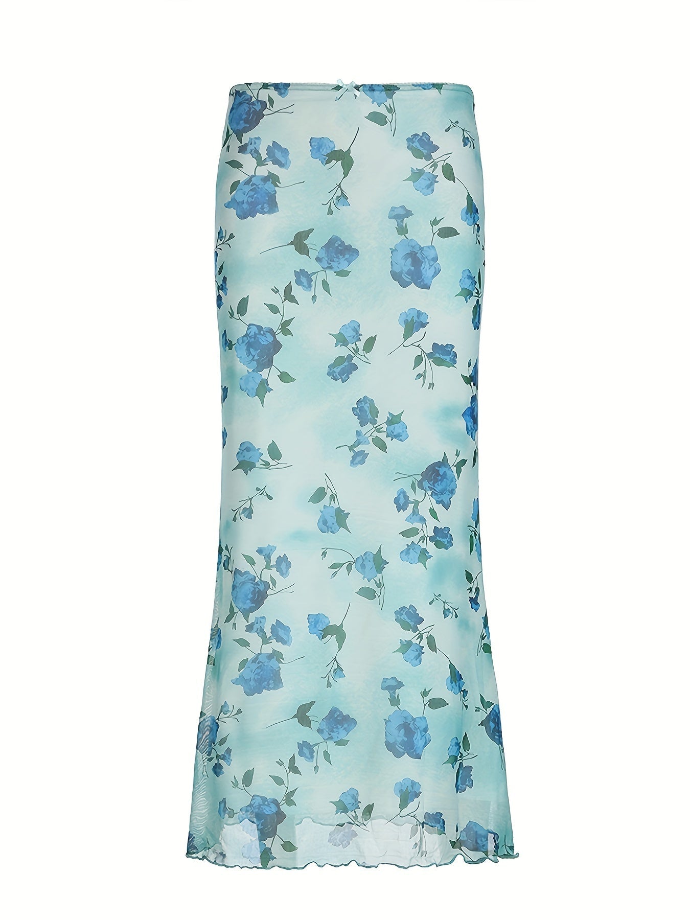 Vintage Floral Print Mesh Long Skirt with Bow - Retro Y2K Aesthetic - - Polyester Blend - Knit Fabric - Seasonal All Year Round - Exclusive Collection