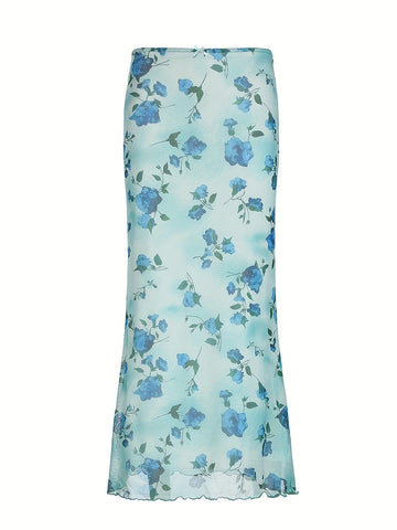 Vintage Floral Print Mesh Long Skirt with Bow - Retro Y2K Aesthetic - - Polyester Blend - Knit Fabric - Seasonal All Year Round - Exclusive Collection