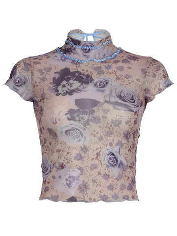 Rustic Retro Floral Mesh T-shirt Y2K Pleated Lace Contrast Color Weft Lanyard Bow Short Top French Style