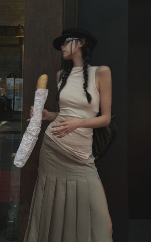 Asymmetrical vest with skirt & pleated skirt set