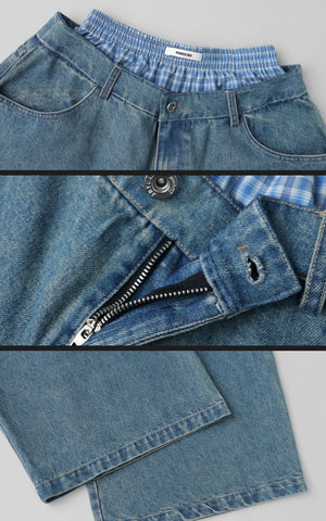 Oversized Denim Trousers with Plaid Dual Waistband Design
