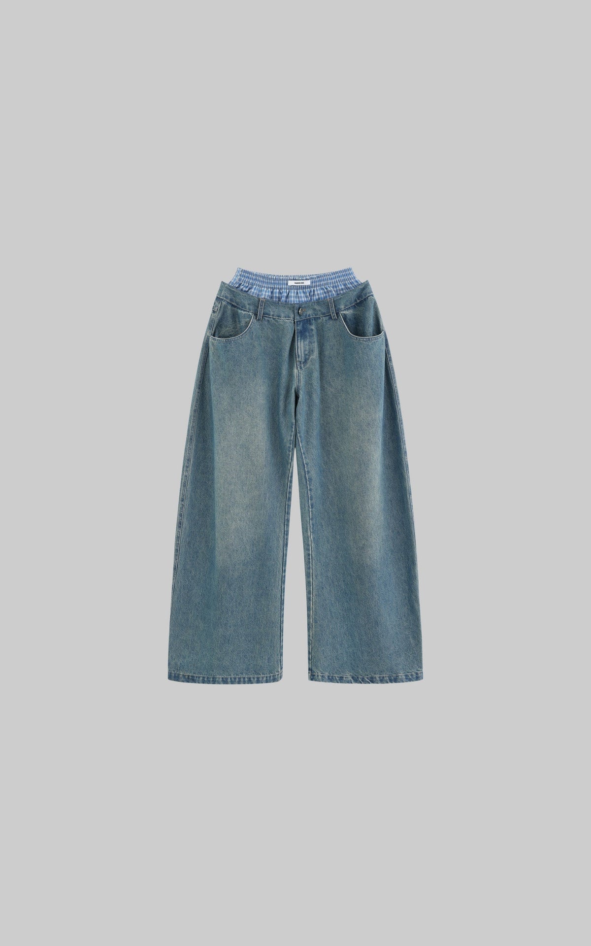 Oversized Denim Trousers with Plaid Dual Waistband Design