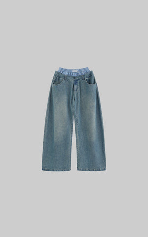 Oversized Denim Trousers with Plaid Dual Waistband Design