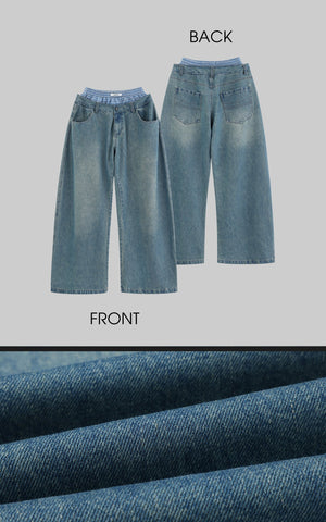Oversized Denim Trousers with Plaid Dual Waistband Design