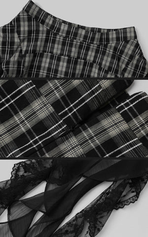 Asymmetrical Plaid Skirt with Lace Paneling