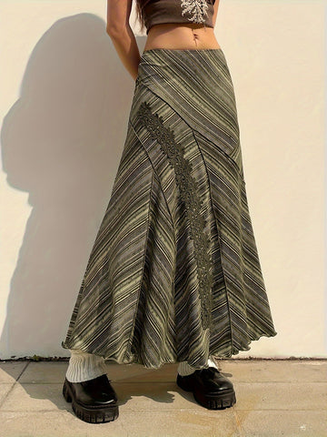 Striped Lace Stitching Skirt, Y2K Ruffle Hem Maxi Skirt, Clothing