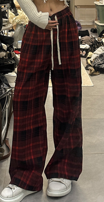 High Waist Loose Thick Fleece Plaid Pants