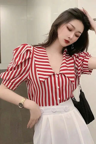 Striped Puff Sleeve Turn Down Collar Blouse Shirt