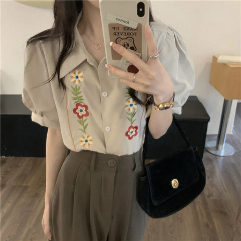 Short Sleeve Flower Embroidered Blouse Shirt