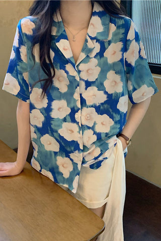 Short Sleeve Floral Painting Blouse Shirt